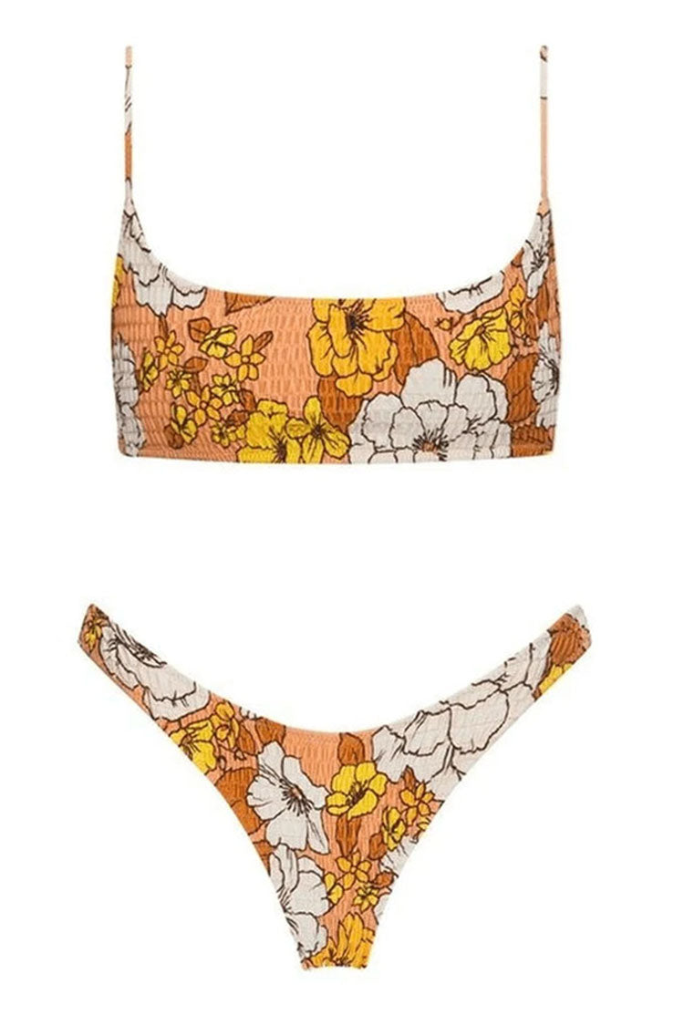 Boho Chic Floral Print Shirred Bralette Bikini Two Piece Swimsuit
