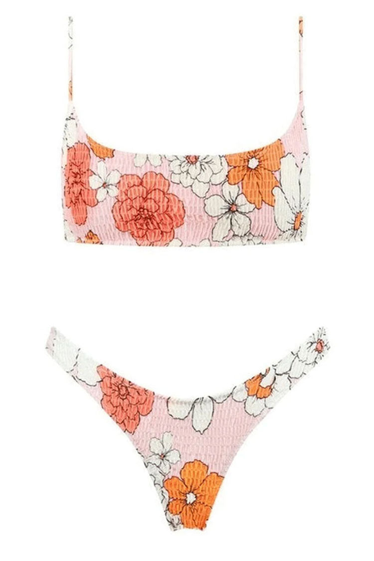 Boho Chic Floral Print Shirred Bralette Bikini Two Piece Swimsuit