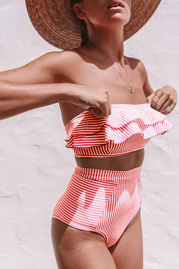 Striped High Waist Tiered Ruffle Bandeau Bikini Two Piece Swimsuit
