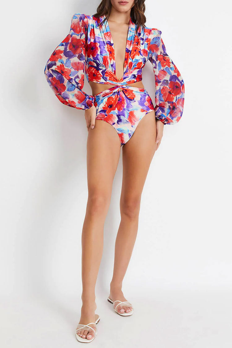 Boho Floral Puff Sleeve Ruched Cutout Deep V Monokini One Piece Swimsuit