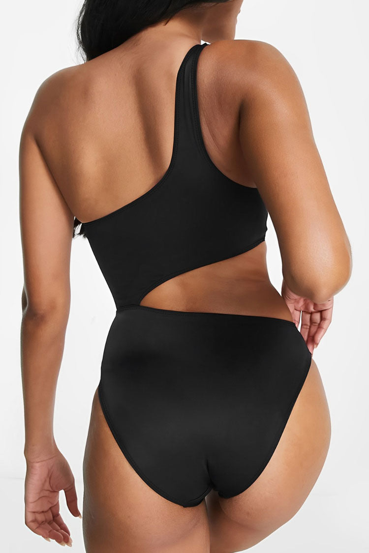 Asymmetrical Black and White Cutout One Shoulder One Piece Swimsuit