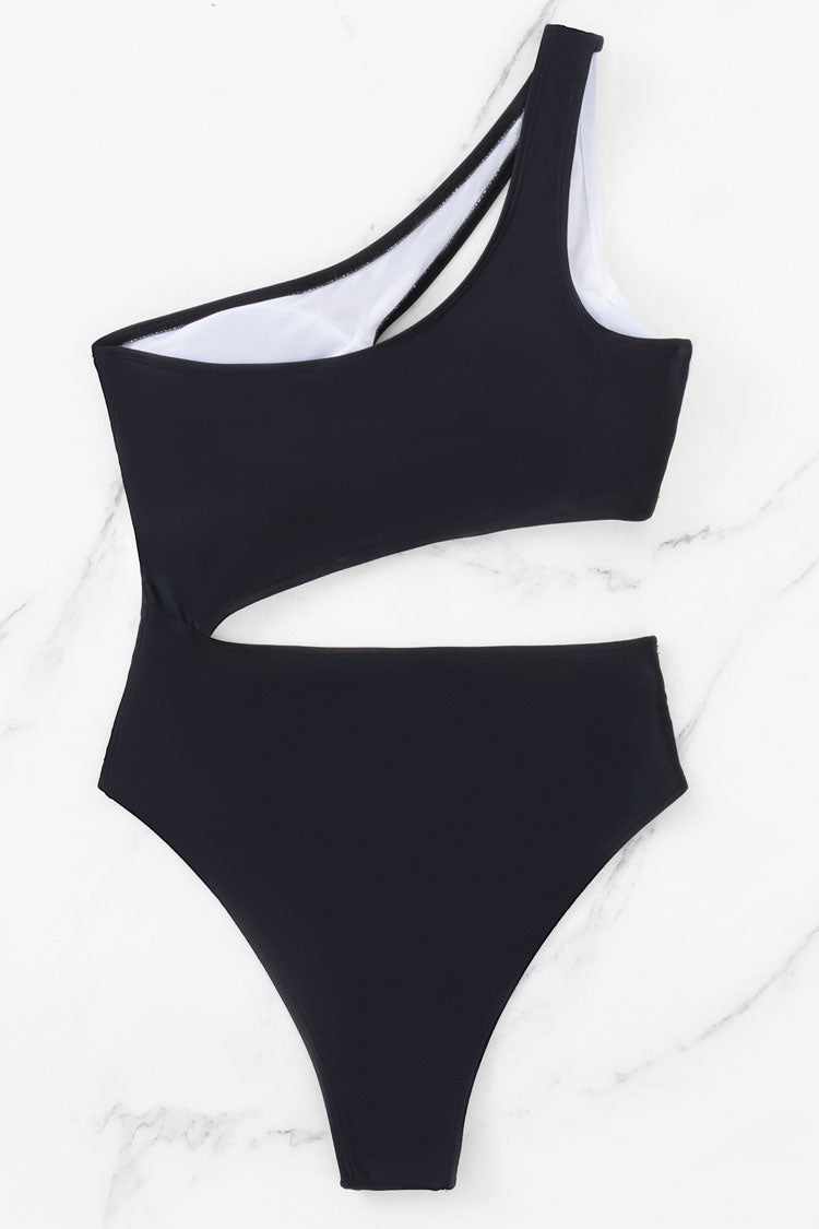 Asymmetrical Black and White Cutout One Shoulder One Piece Swimsuit