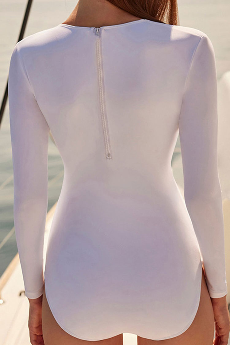 Asymmetrical Cutout Long Sleeve Hiigh Neck Rash Guard One Piece Swimsuit