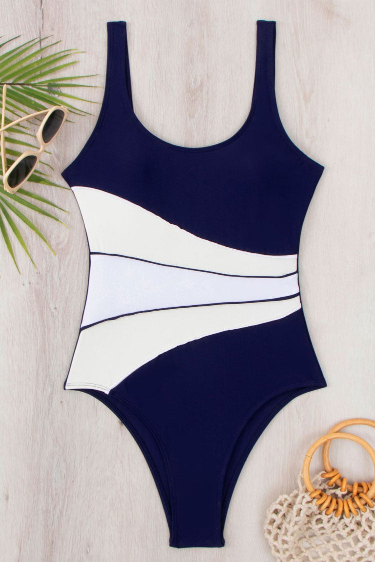 Athletic Scoop Neck Open Back Color Panel Moderate One Piece Swimsuit