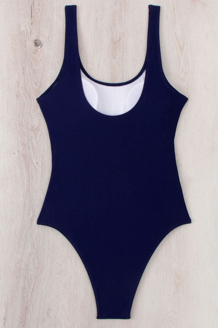 Athletic Scoop Neck Open Back Color Panel Moderate One Piece Swimsuit