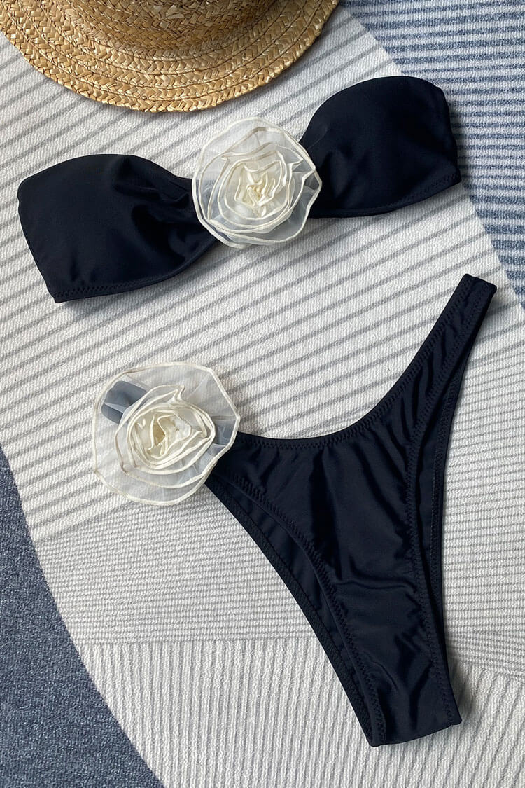 Bloom 3D Flower Brazilian Cheeky High Leg Bandeau Bikini Two Piece Swimsuit