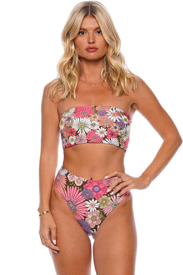 Bloom Floral Print Mid Rise Lace Up Back Bandeau Bikini Two Piece Swimsuit