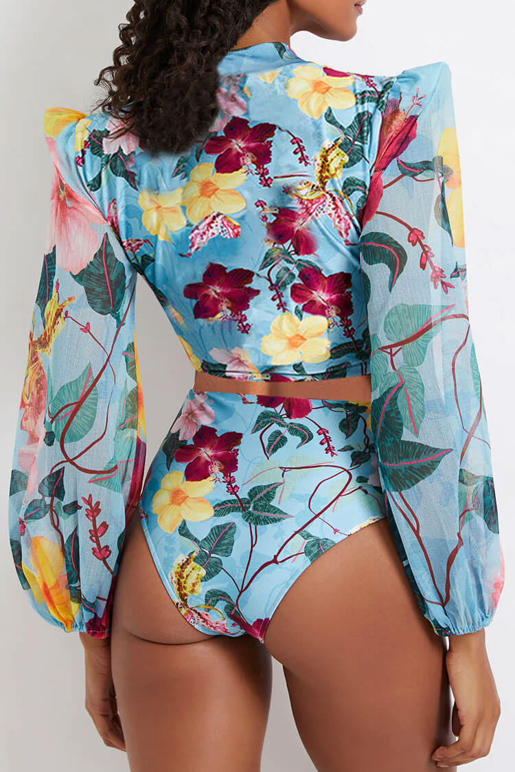 Bloom Floral Puff Sleeve Ruched Cutout Deep V Monokini One Piece Swimsuit