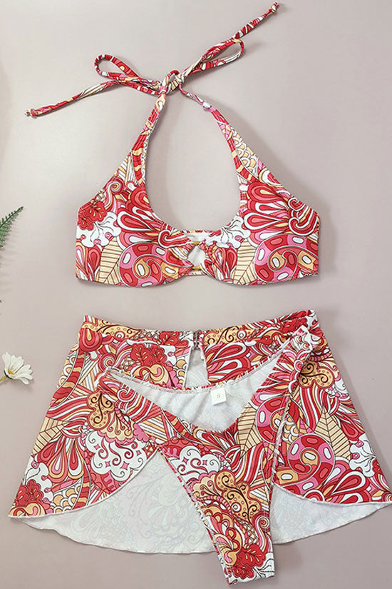 Boho Chic Paisley Print High Leg O Ring Halter Bikini Three Piece Swimsuit