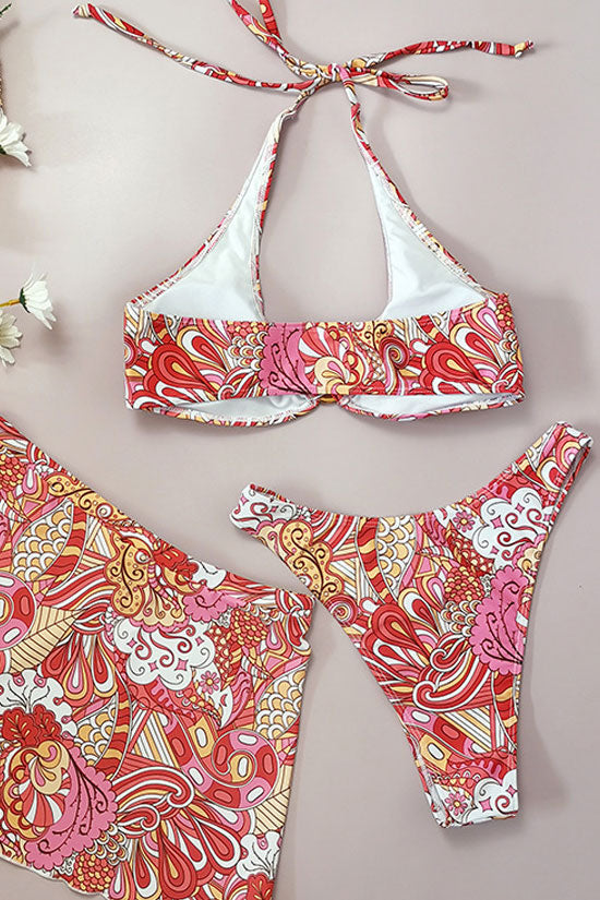 Boho Chic Paisley Print High Leg O Ring Halter Bikini Three Piece Swimsuit