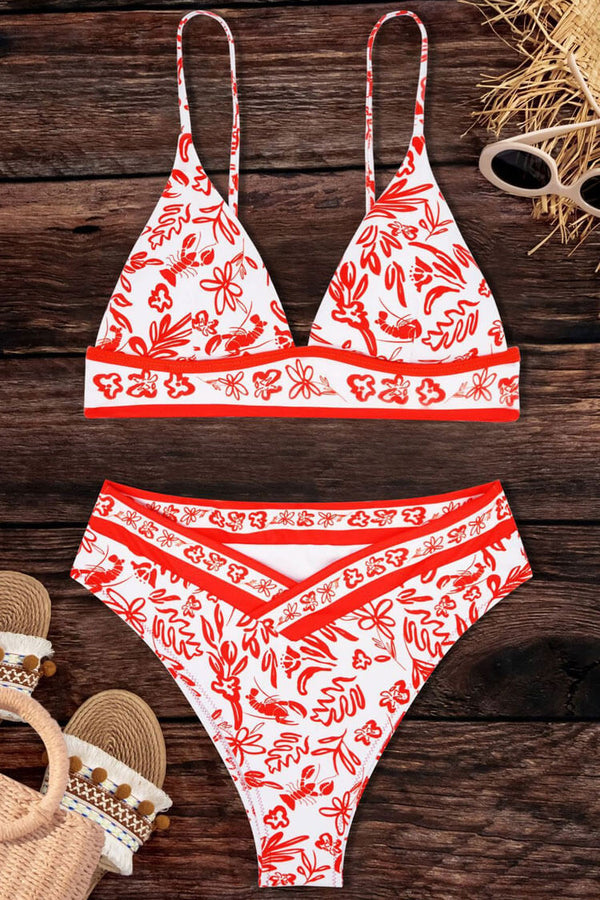 Boho High Waist Cheeky Contrast Floral Triangle Bikini Two Piece Swimsuit