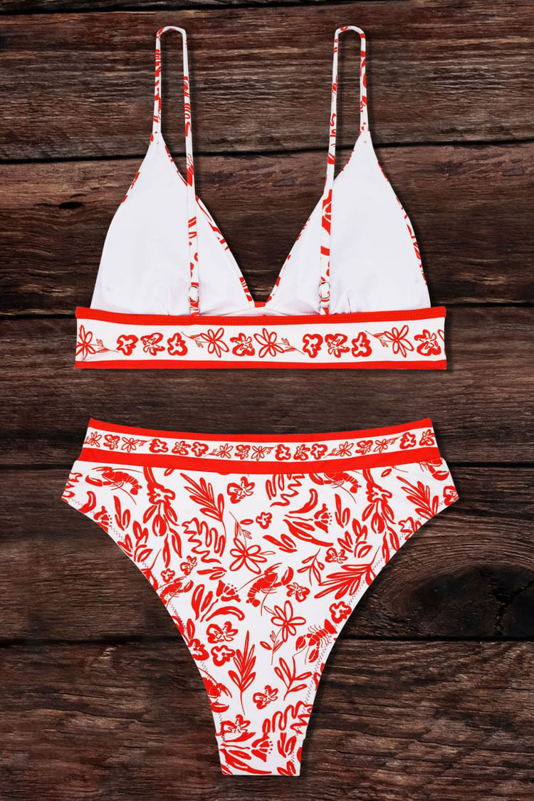 Boho High Waist Cheeky Contrast Floral Triangle Bikini Two Piece Swimsuit