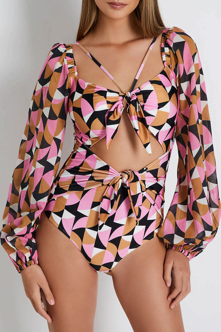 Boho Style Geoemtric Print Cut Out Knot Front Puff Sleeve One Piece Swimsuit