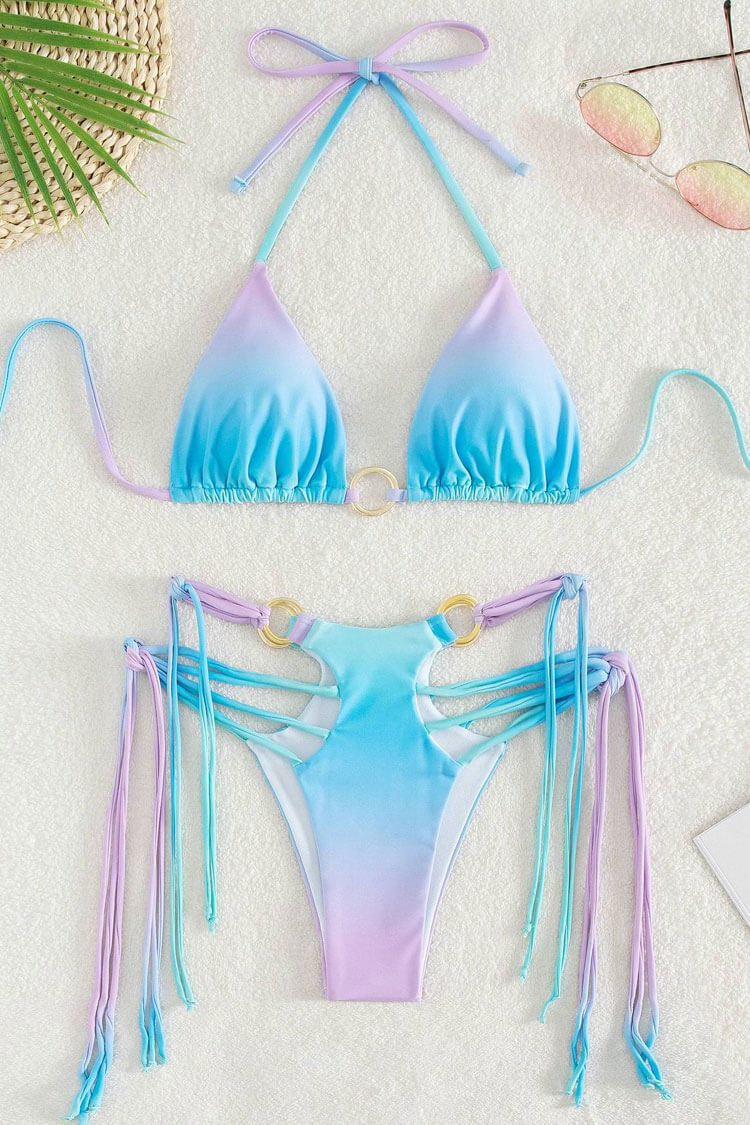 Colorful Strappy Cutout O Ring Slide Triangle Bikini Bikini Two Piece Swimsuit