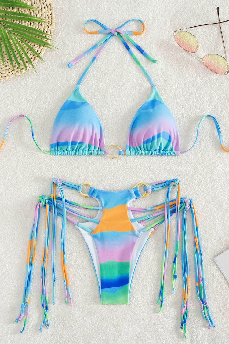 Colorful Strappy Cutout O Ring Slide Triangle Bikini Bikini Two Piece Swimsuit