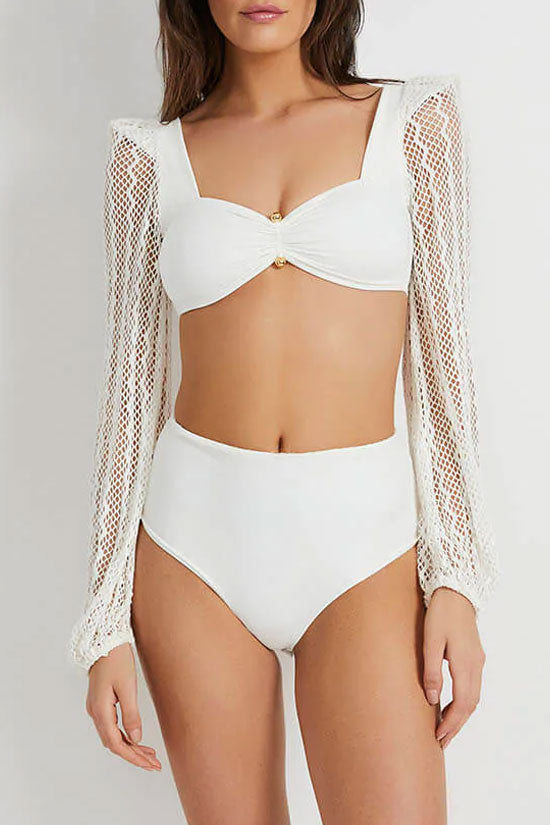 Elegant Metallic Trim Lace Puff Sleeve High Waist Bikini Two Piece Swimsuit