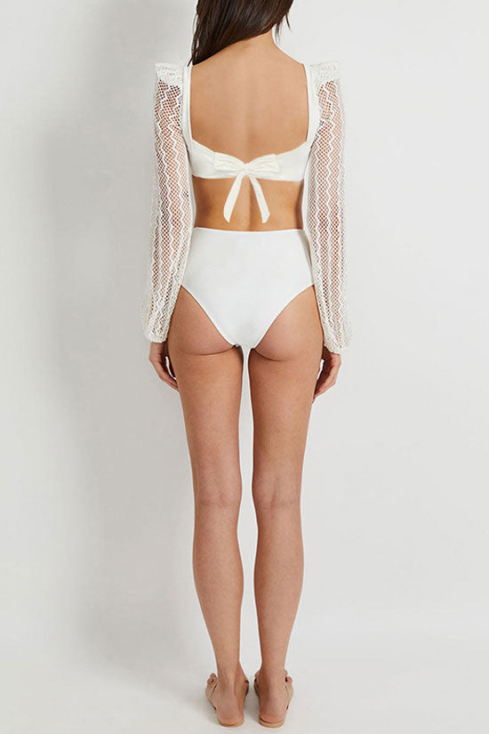 Elegant Metallic Trim Lace Puff Sleeve High Waist Bikini Two Piece Swimsuit