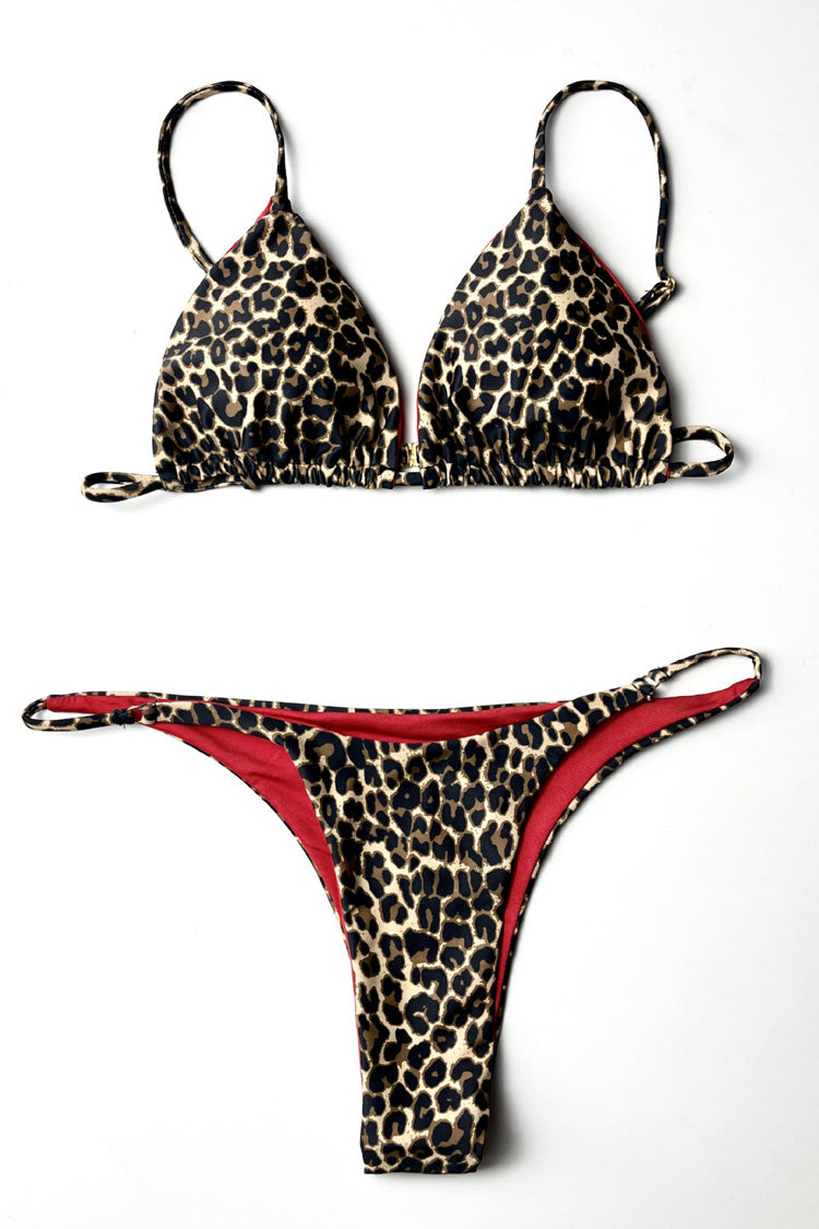 Leopard High Cut Slide Triangle Bikini Two Piece Swimsuit