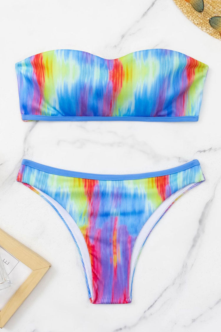 Rainbow Print Ribbed Knit Low Rise Cheeky Bandeau Bikini Two Piece Swimsuit