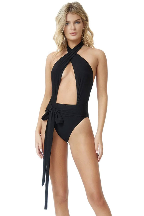 Sexy Bow Tie Waist Cut Out Low Back Wrap Halter One Piece Swimsuit