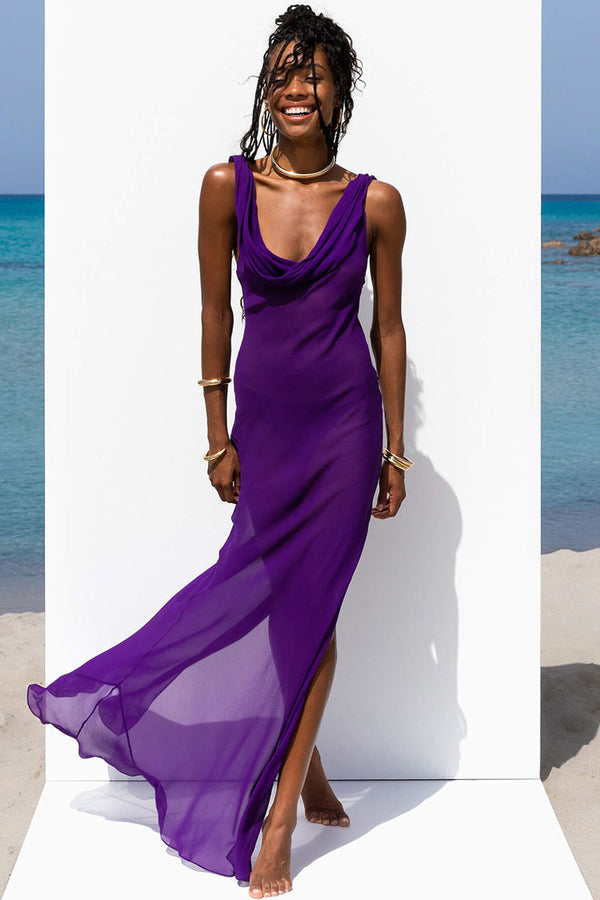 Sexy Cowl Neck Crossed Backless High Slit Sleeveless Maxi Sheer Cover Up