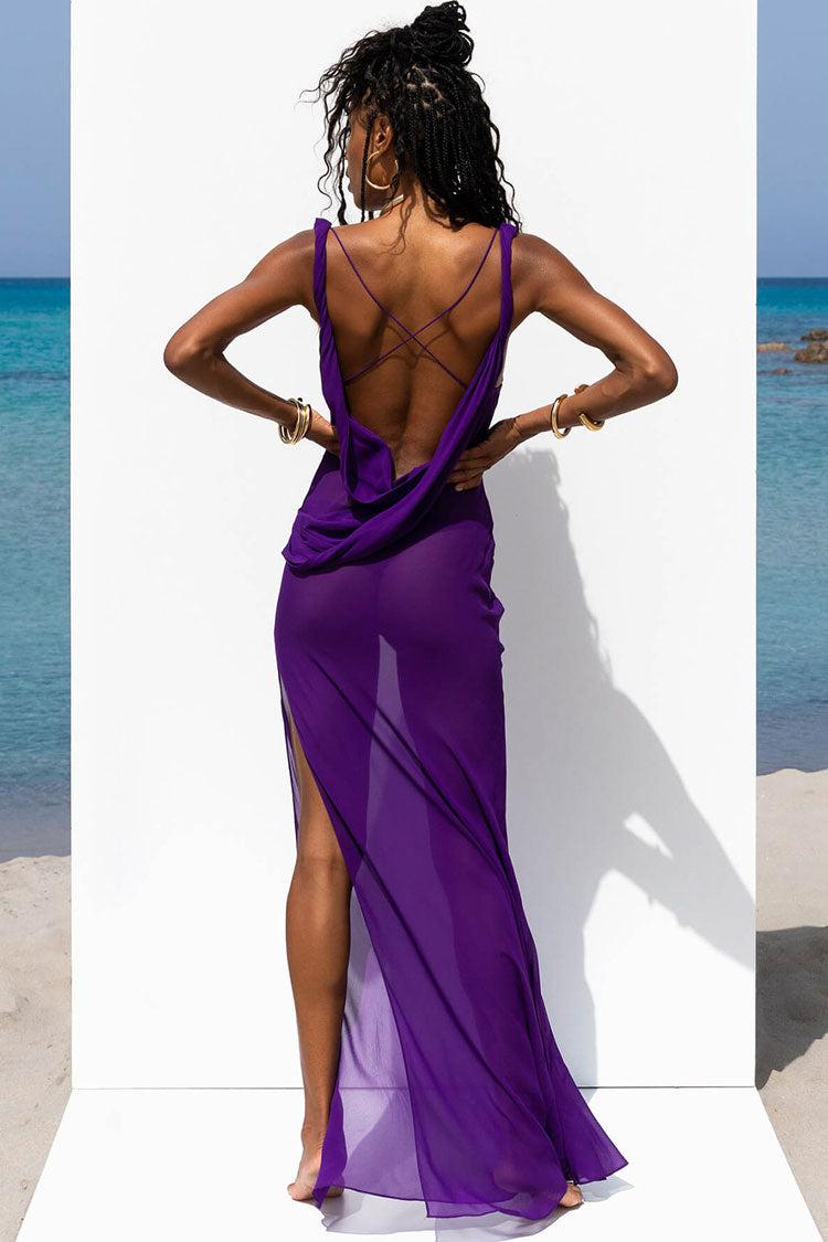 Sexy Cowl Neck Crossed Backless High Slit Sleeveless Maxi Sheer Cover Up