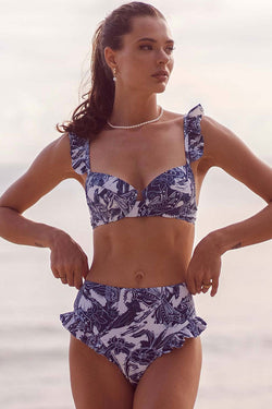 Sexy Flower Print Notched Underwire Mid Waist Ruffle Bikini Two Piece Swimsuit