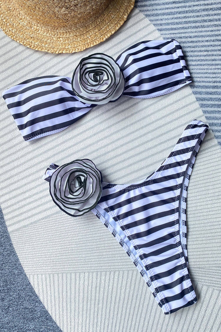 Sexy High Leg Brazilian Cheeky Flower Striped Bandeau Bikini Two Piece Swimsuit