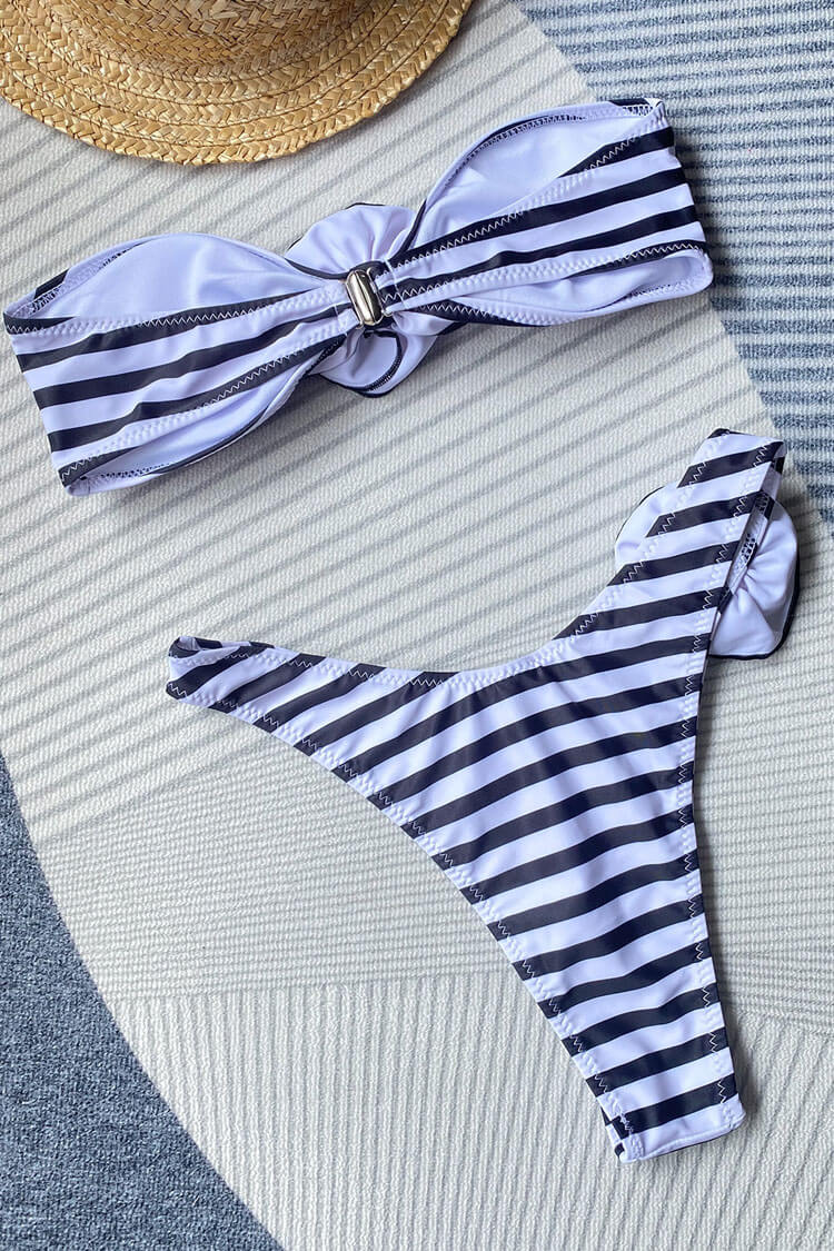 Sexy High Leg Brazilian Cheeky Flower Striped Bandeau Bikini Two Piece Swimsuit