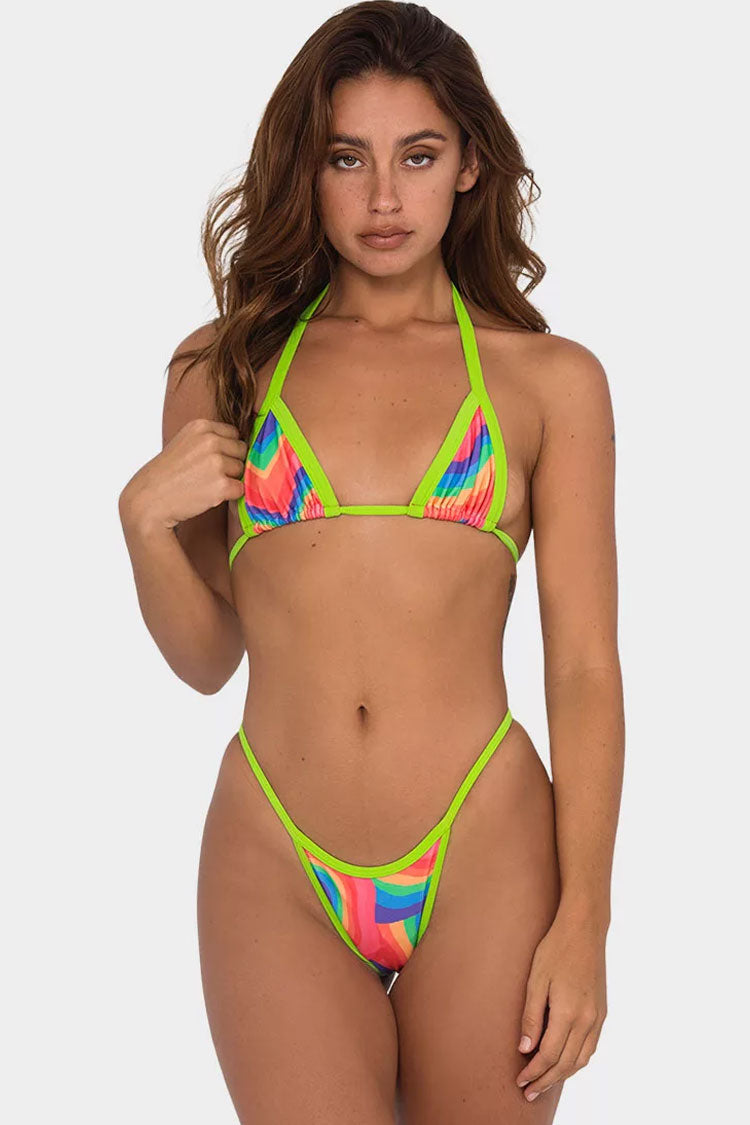 Sexy Rainbow Stripe Cheeky Thong Triangle Brazilian Bikini Two Piece Swimsuit
