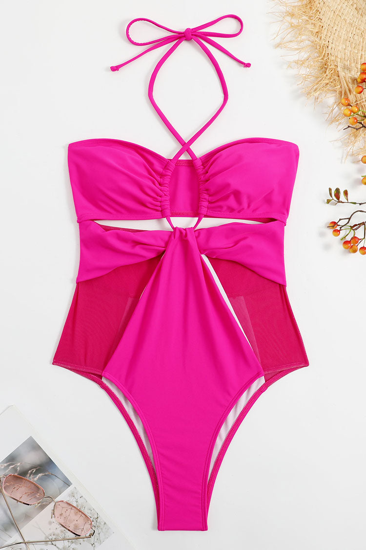 Sexy Sheer Mesh Panel Cutout Ruched Trim Halter One Piece Swimsuit