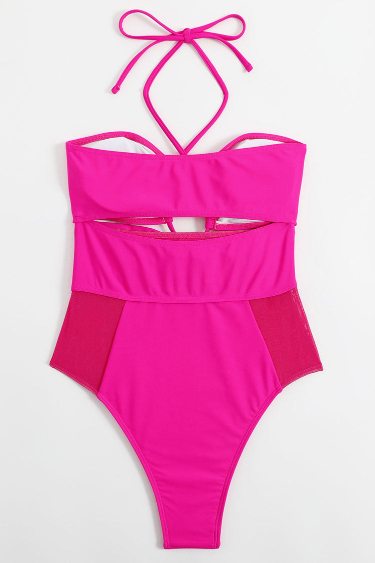 Sexy Sheer Mesh Panel Cutout Ruched Trim Halter One Piece Swimsuit