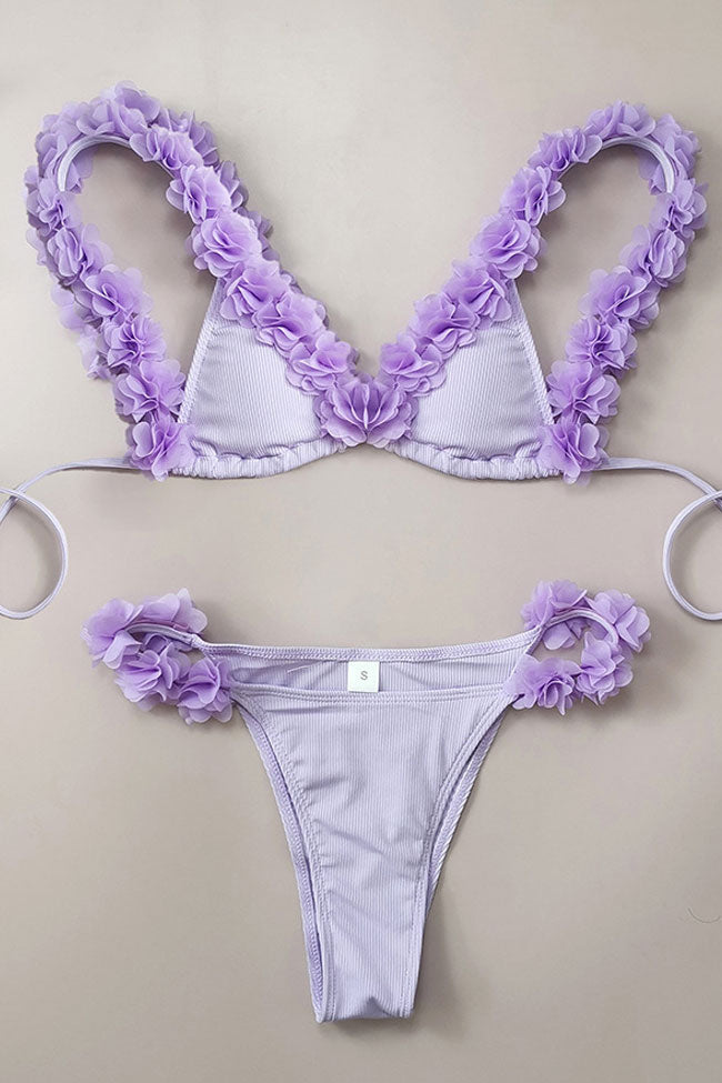 Sweet 3D Flower String Cheeky Rib Triangle Bikini Two Piece Swimsuit