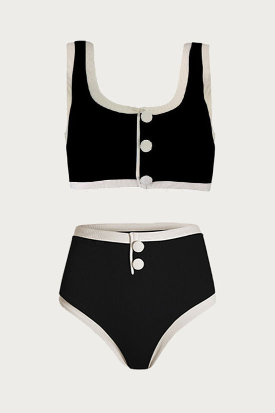 Vintage Bicolor High Waist Moderate Button Detail Bikini Two Piece Swimsuit