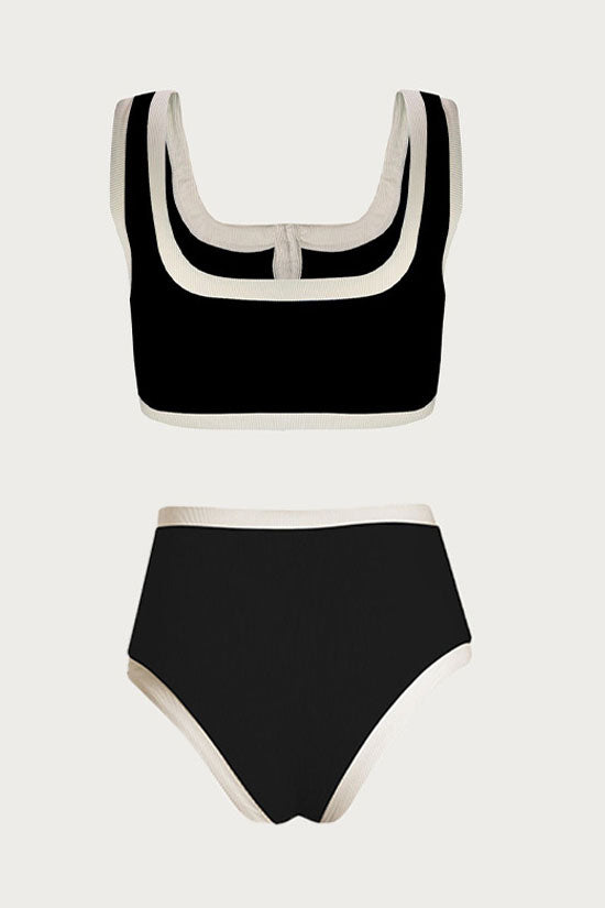 Vintage Bicolor High Waist Moderate Button Detail Bikini Two Piece Swimsuit
