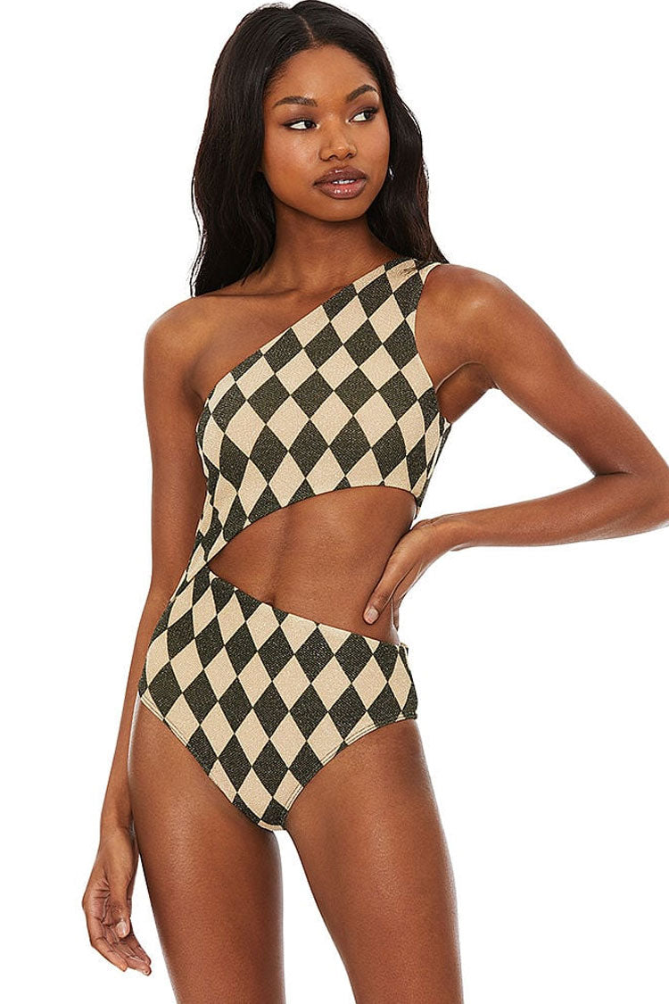 Vintage Contrast Checkered Print Cut Out One Shoulder One Piece Swimsuit