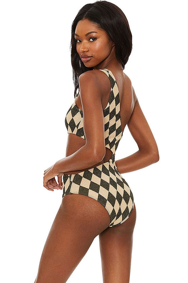 Vintage Contrast Checkered Print Cut Out One Shoulder One Piece Swimsuit