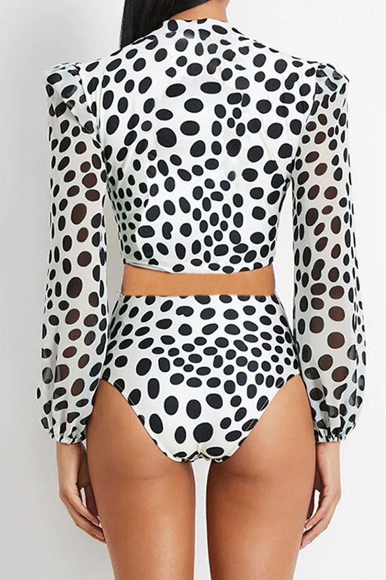 Vintage Dot Puff Sleeve Ruched Cutout Deep V Monokini One Piece Swimsuit