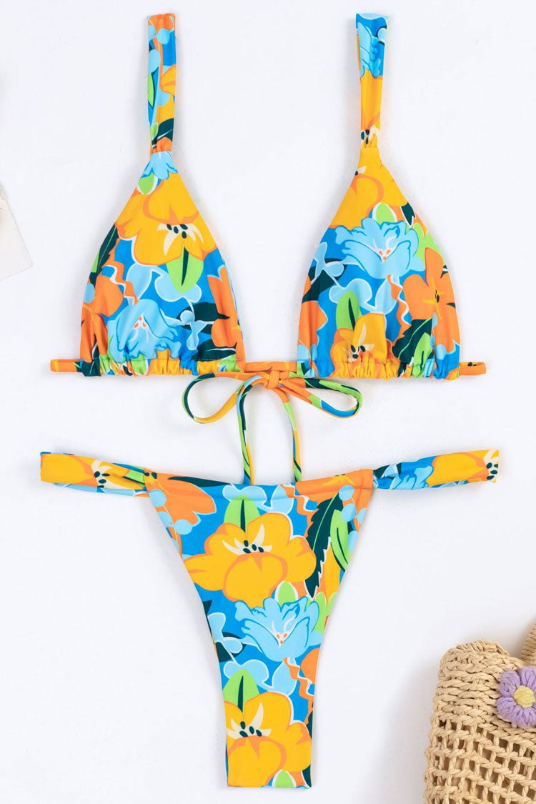 Vintage Floral Printed High Leg Slide Triangle Brazilian Bikini Two Piece Swimsuit