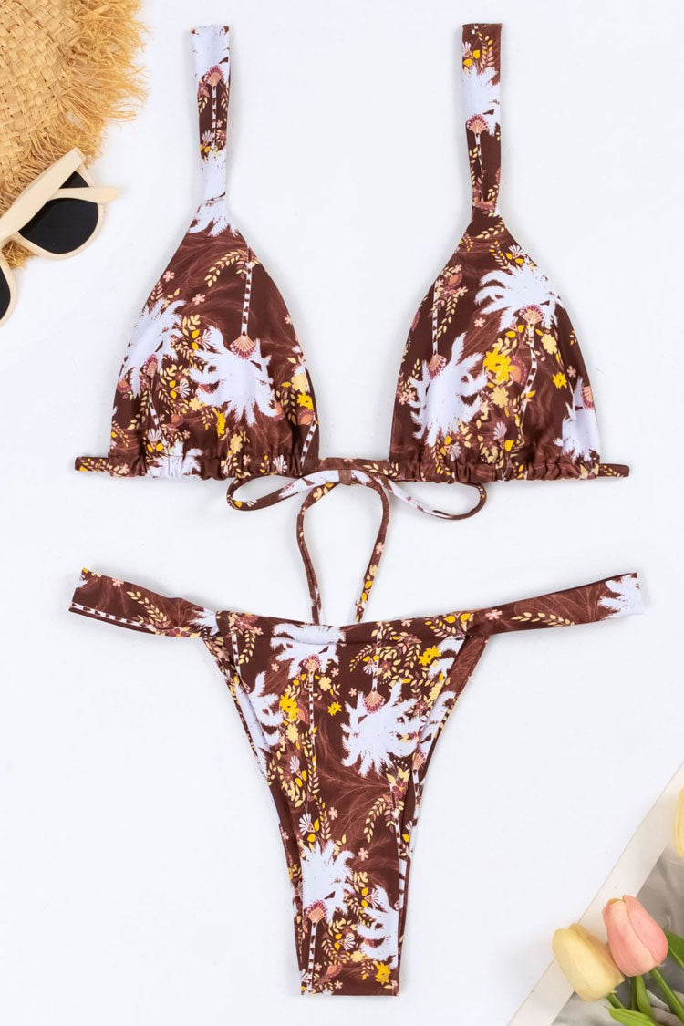 Vintage Floral Printed High Leg Slide Triangle Brazilian Bikini Two Piece Swimsuit