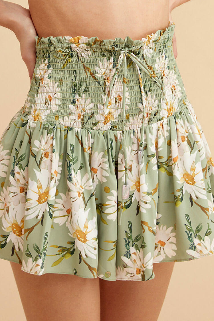 Vintage Floral Shirred Ruffle High Waist Drawstring Beach Cover Up Mini Skirt