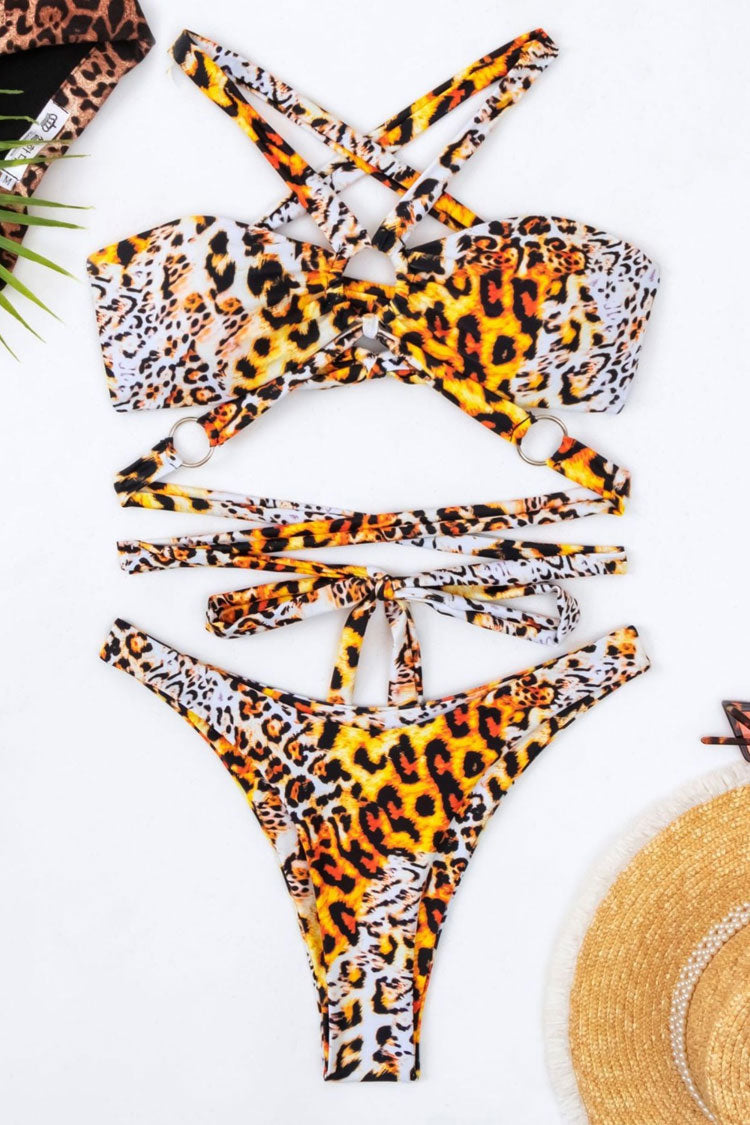 Wild Leopard O Ring Wrap High Leg Thong Brazilian Bikini Two Piece Swimsuit