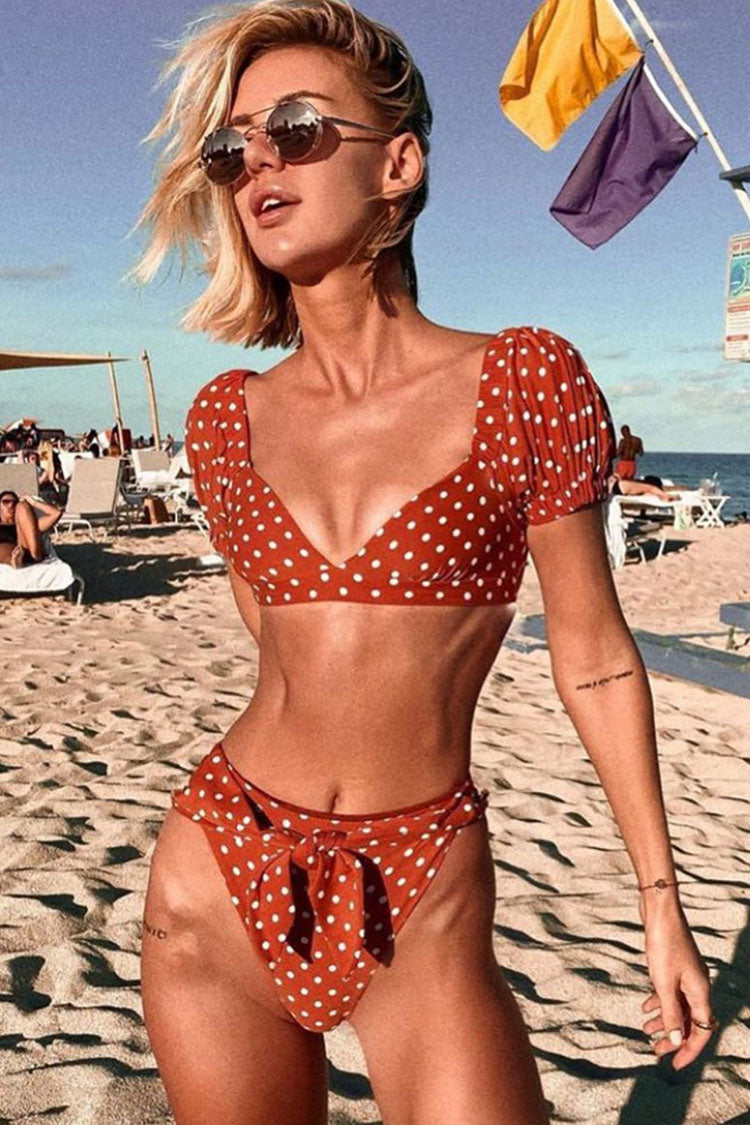 Retro Polka Dot Puff Sleeves V Neck Bikini Two Piece Swimsuit