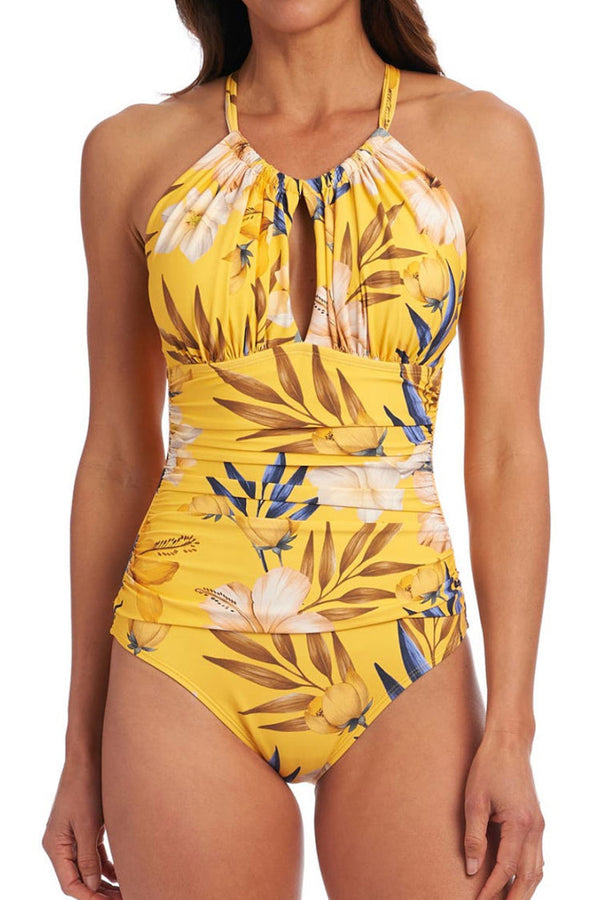 Tropical Floral Print Open Back Cutout Ruched One Piece Swimsuit