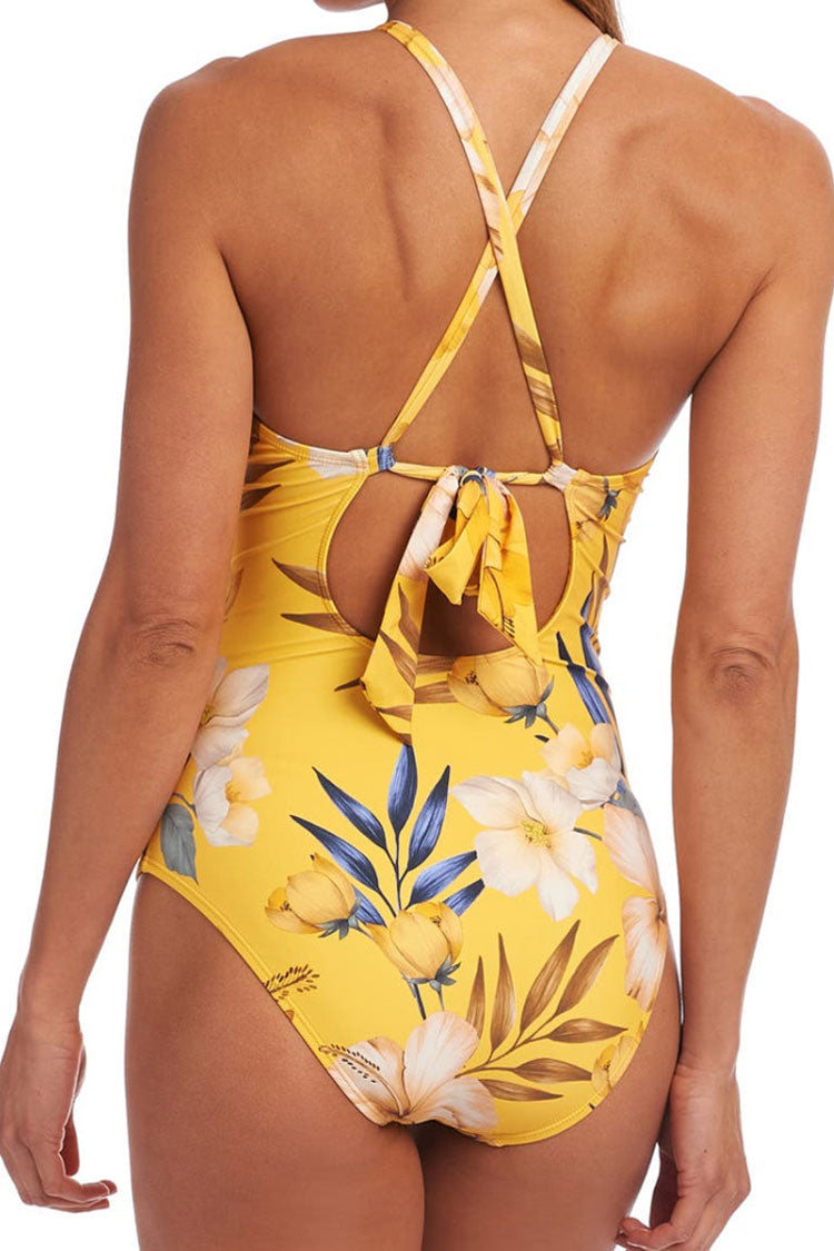 Tropical Floral Print Open Back Cutout Ruched One Piece Swimsuit