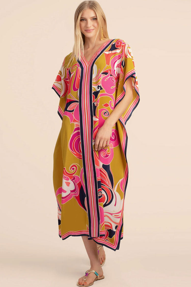 Abstract Print Batwing Sleeve High Slit V Neck Maxi Cover Up