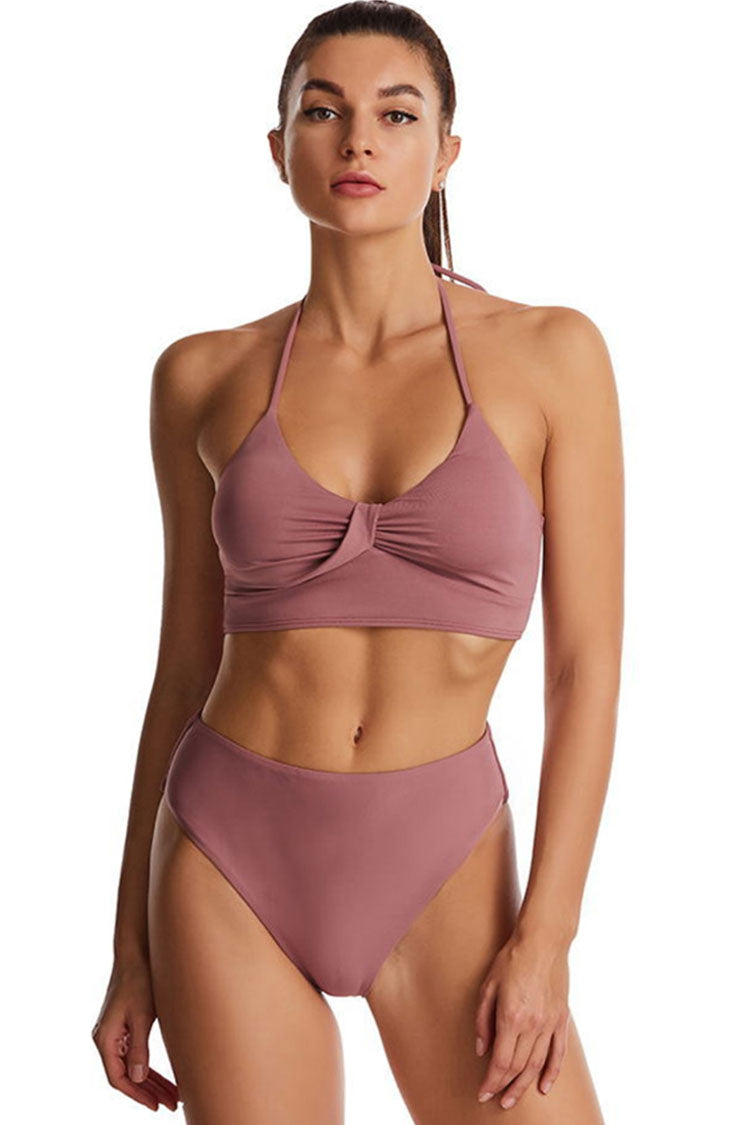 Athletic Ruched Halter Bralette Crop Bikini Two Piece Swimsuit
