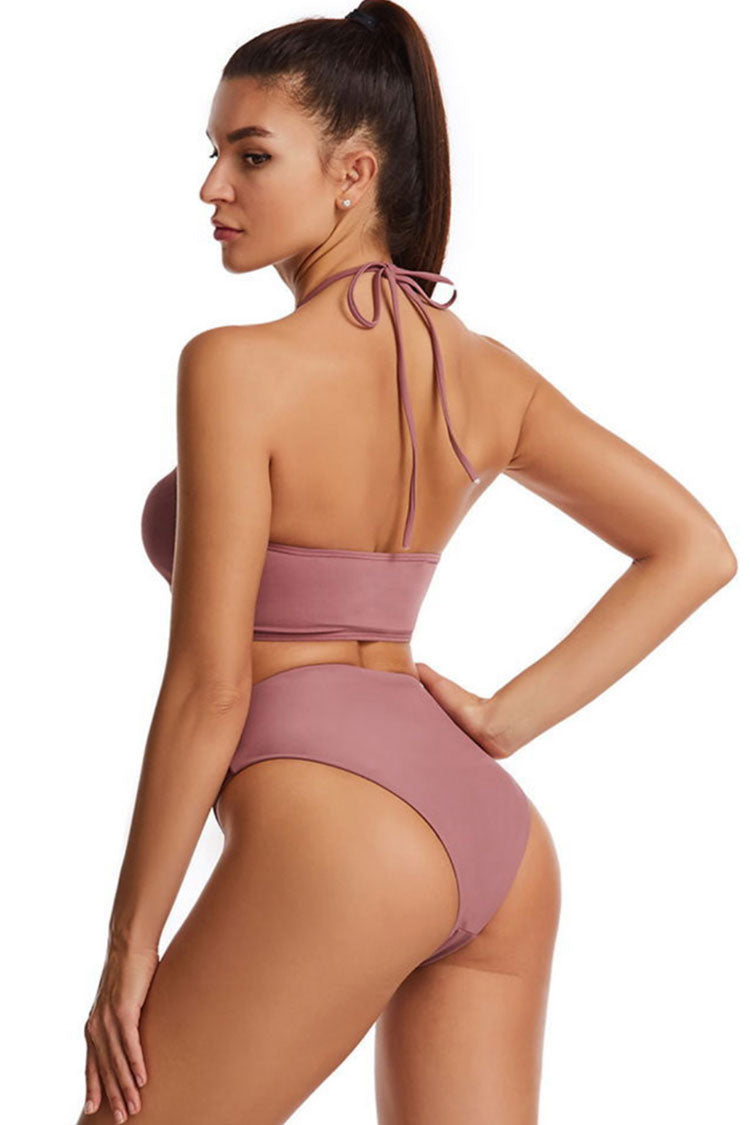 Athletic Ruched Halter Bralette Crop Bikini Two Piece Swimsuit