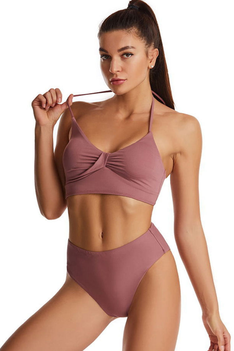 Athletic Ruched Halter Bralette Crop Bikini Two Piece Swimsuit
