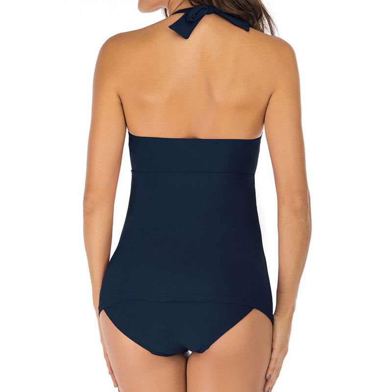 Athletic Solid Color Ruched V Neck Halter Tankini Two Piece Swimsuit